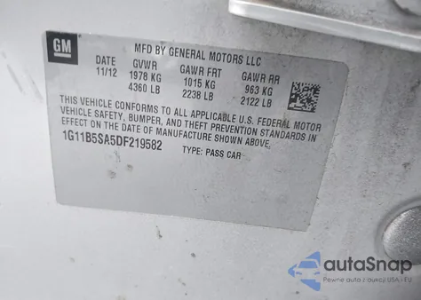 2013 Chevrolet Malibu 1Ls z USA, uszkodzony, nr VIN 1G11B5SA5DF219582